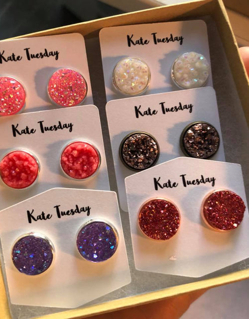 Load image into Gallery viewer, Love Set of Reds and Purples Druzy Earring Box
