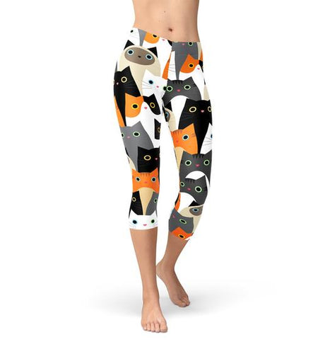 Womens All Over Print Cats Capri Leggings